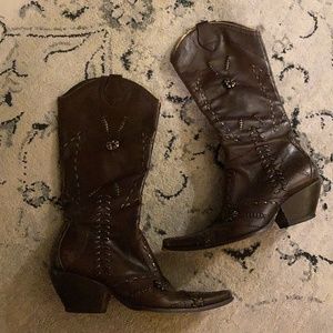 BCBG Embellished Metallic Brown Leather Tall Cowgirl Boots Zipper